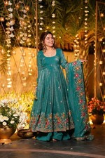 New Latest Teal Blue Crunchy Silk Gown Palazzo With Dupatta For Women Festival