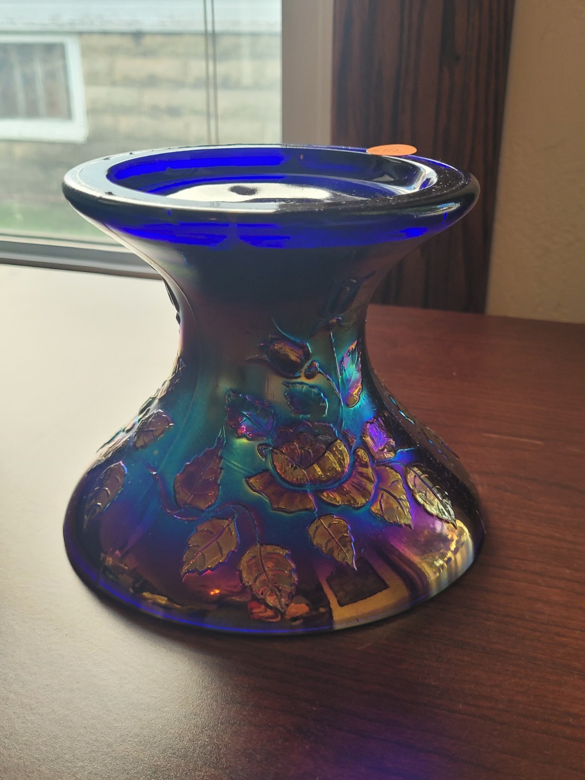 Cracked Electric Blue Fenton Carnival Glass Wreath of Roses Punch Bowl Base