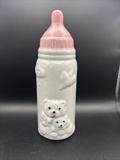 Hucha biberón de cerámica vintage rosa 7" rosa osos bebé niña guardería