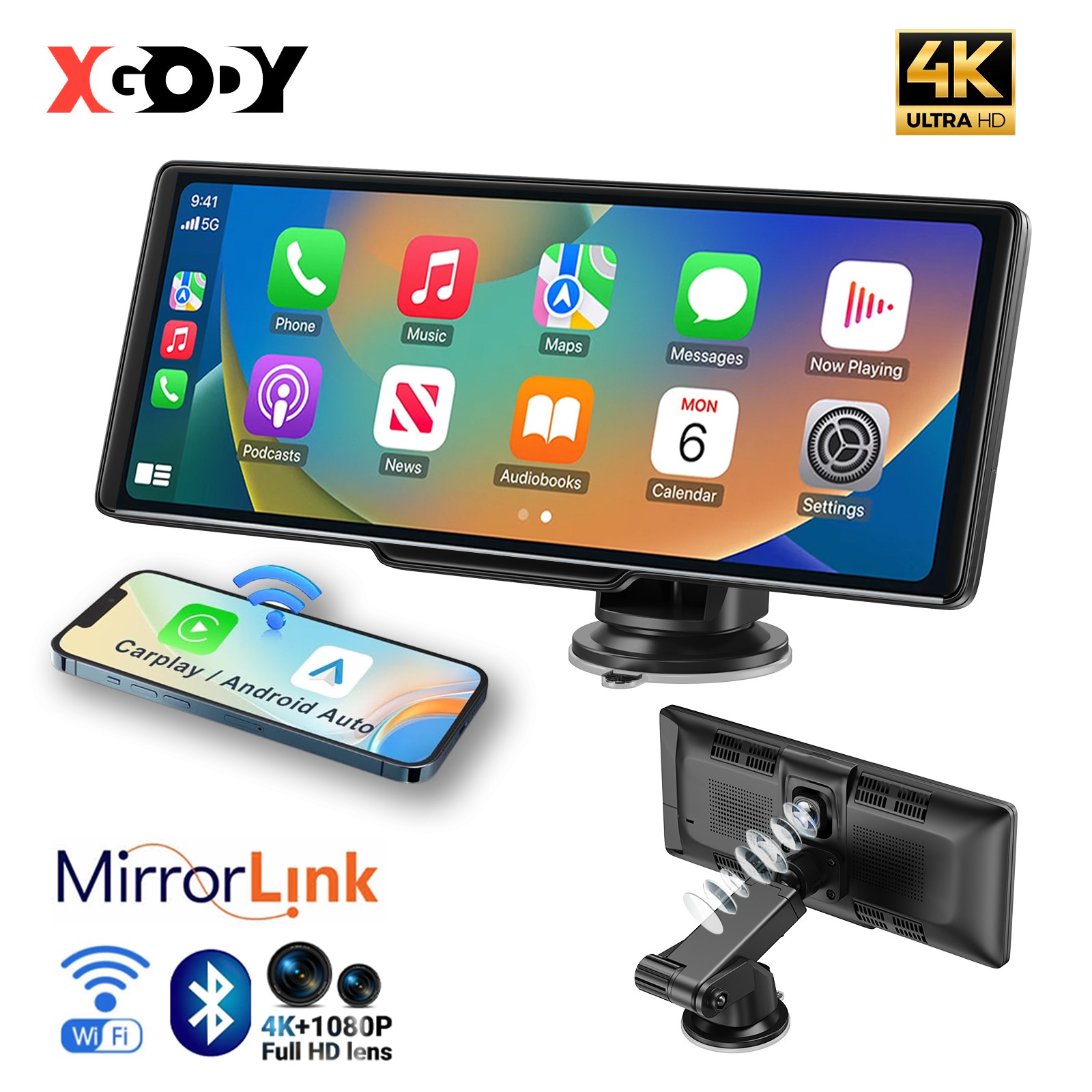 4K+1080P Car Stereo Radio Apple Carplay&Android Auto Multimedia Player BT FM AUX