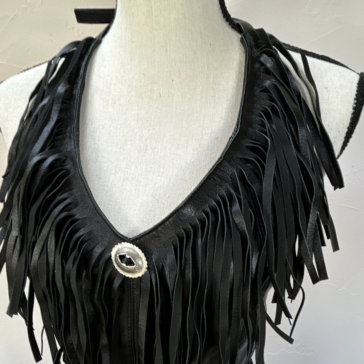 Leather Gallery Black Leather Fringe V-Neck Halter Tie Top Biker Women’s Size M