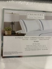 HOTEL KING Sheet Set White Embroidered NAVY Stripe Polyester NEW