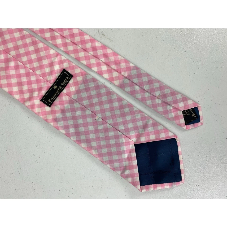 Men Ermenegildo Zegna Italy cotton pink gingham plaid check graphic neck tie - Image 3 of 4