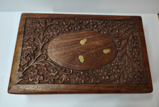 Vintage Ornate Hand Carved Wooden Jewelry Trinket Box Wood India small 8 x 5 x 2