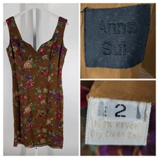 Vintage 90s Anna Sui Dress Brown Floral Grunge Sheer Rayon Mini Made in USA Sz 2