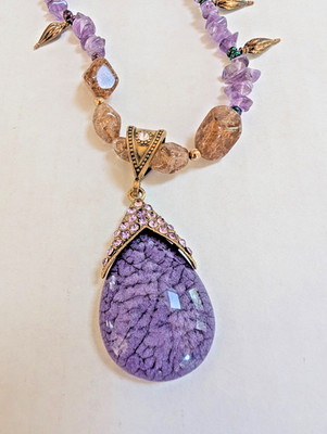 Boho Purple Crackle Agate Teardrop Pendant Necklace Amethyst Chip Bead