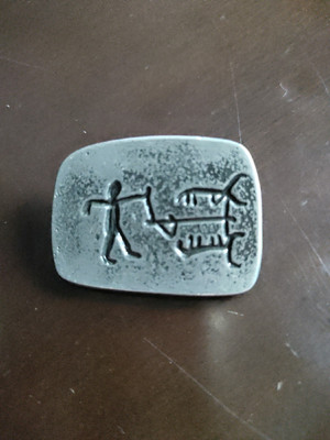 Vintage Bengt Blomqvist Handarbete Swedish Stone Carving Pewter Brooch Signed