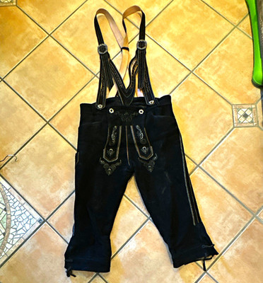Herren Trachten Lederhose Leder schwarz Gr. 48 mit Hosenträgern & Stickerei