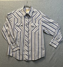 Wrangler Mens Med Vtg 1980s Western Pearl Snap Shirt Blue White Striped Metallic