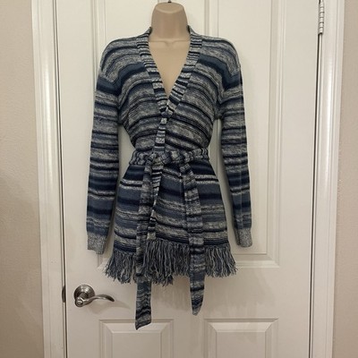 Ralph Lauren Women’s PS Petite Small Blue Striped Fringe Tie Cardigan Sweater