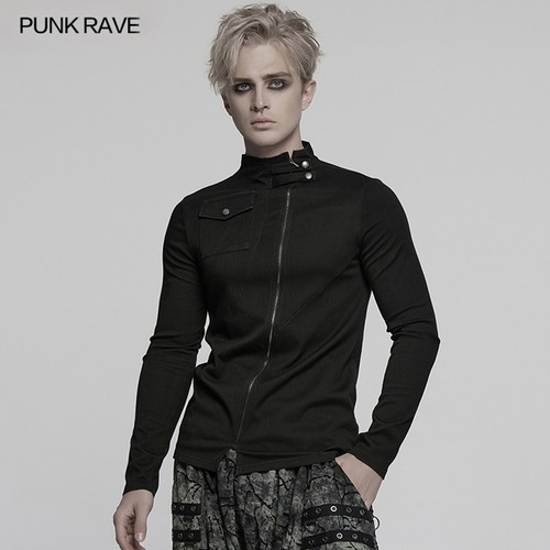 Punk Rave Men Black Gothic Dark Punk Asymmetrical Zip Long Sleeve T-Shirt Tops - Picture 2 of 20