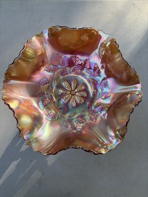 Vintage Carnival Glass Bowl Dugan Marigold Cosmos Variant Ruffled 10  