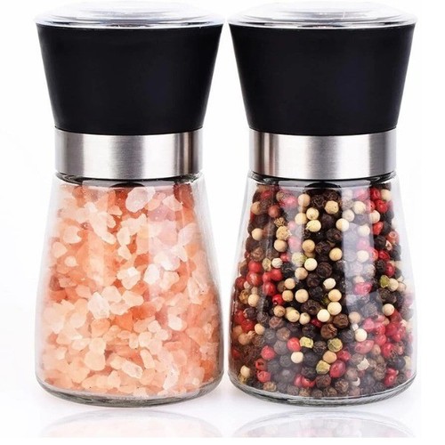 2 PCS SALT PEPPER GRINDER SET STAINLESS STEEL GLASS SHAKER ADJUSTABLE MILL COARS - Picture 1 of 12