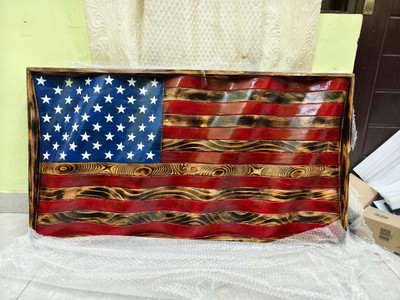 American Rustic Flag Hand Painted  Stylish Wavy Designed Antique Wooden Engraved