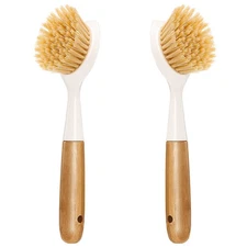 New 2 Pack Kitchen Dish Brush Bamboo Handle Scrubber Built-in Scraper, Scrub for