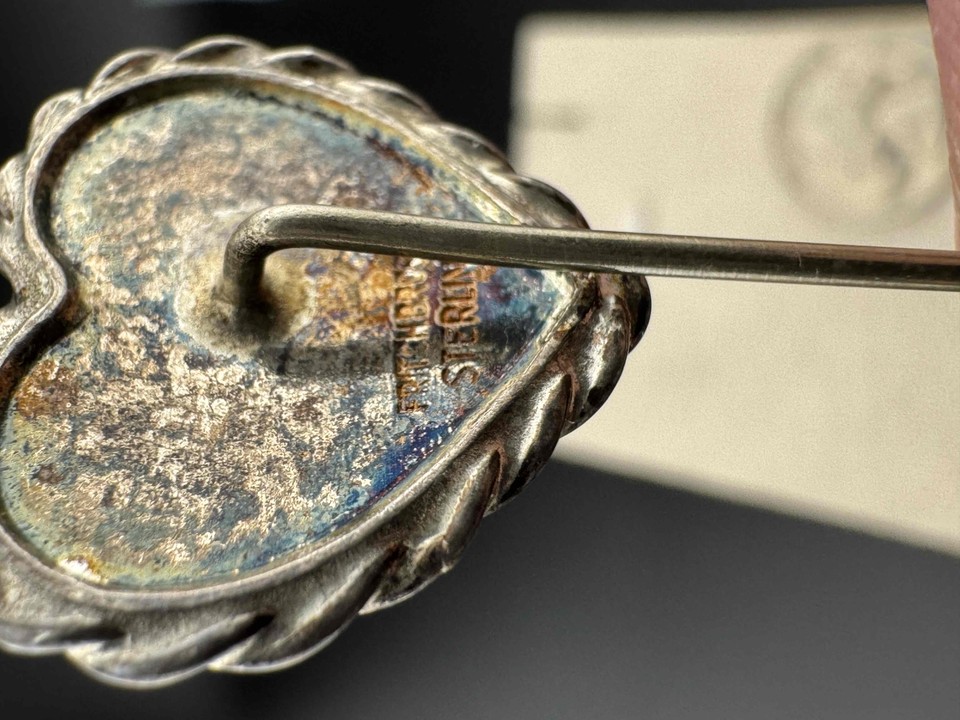 Fritch Brothers Vintage Sterling Silver Heart Flower Engraved Hat Pin