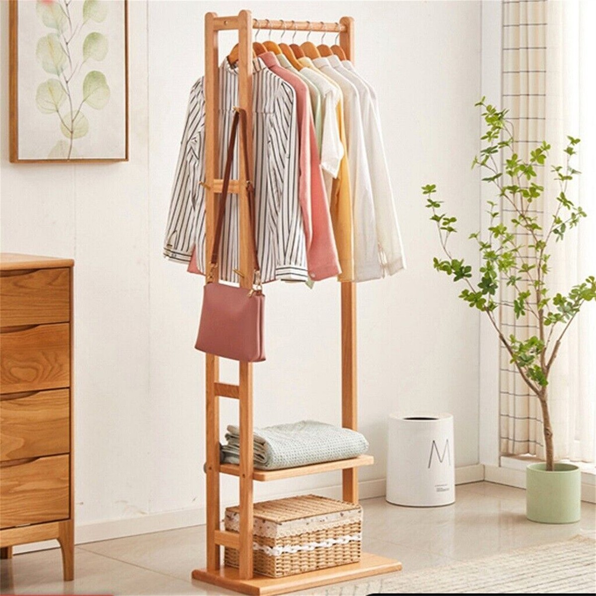 Standing Coat Rack Entryway Solid Wood Garment Hanger Stand