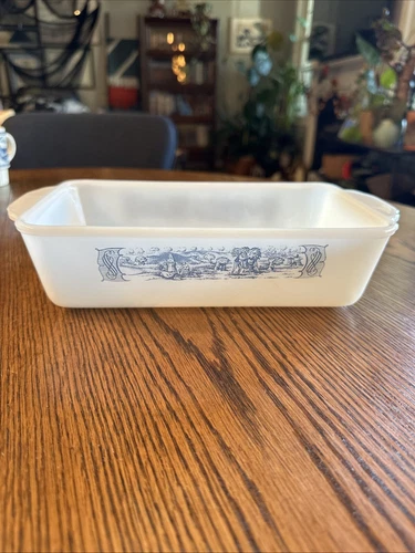 Vintage Glasbake Currier & Ives 2 Qt Rectangular Loaf Dish No Lid