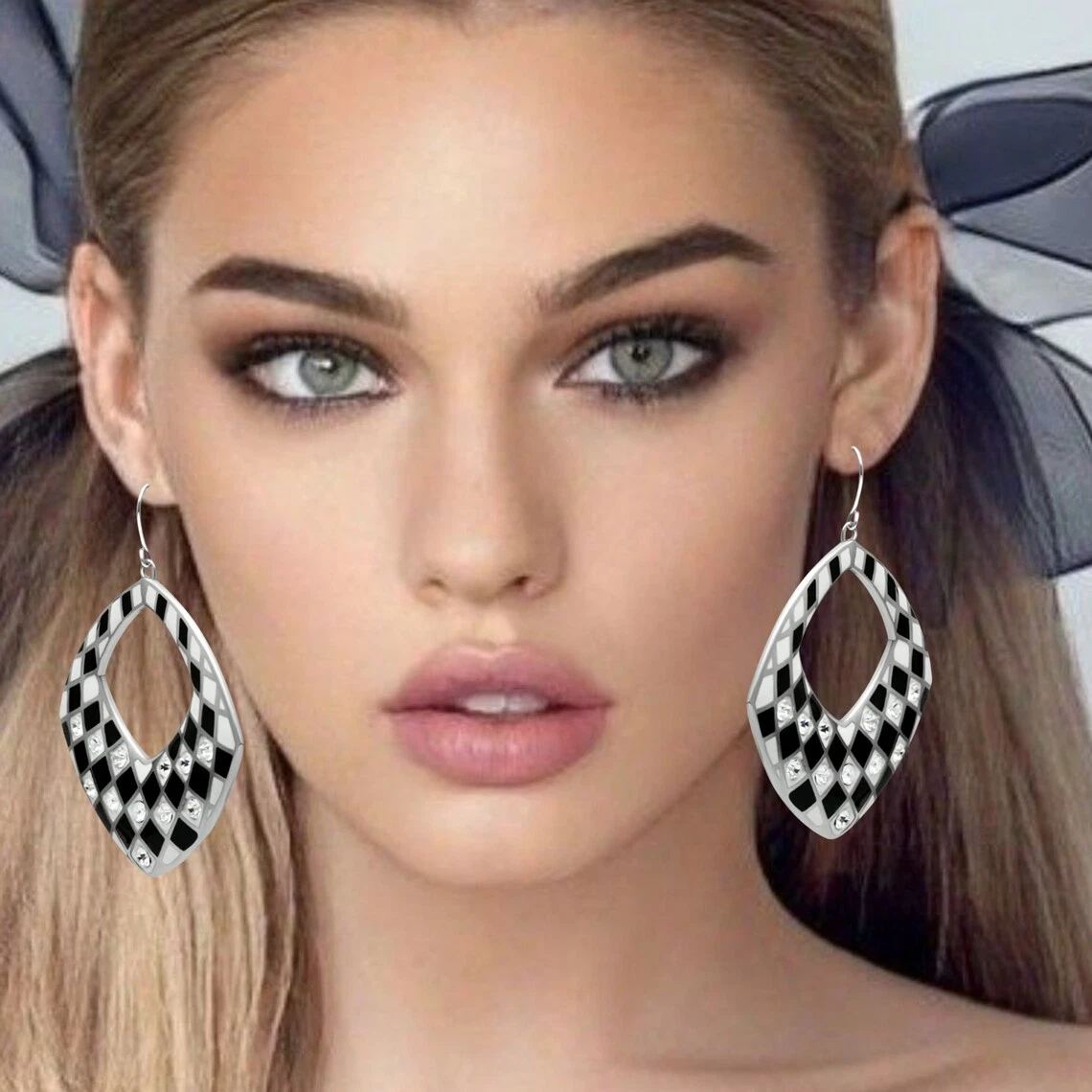 Black White Checkered Flag Hoop French Wire Earrings with Clear