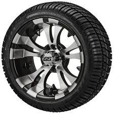 (4) Golf Cart 215/35R12 Deli Radial Tires on 12x7 Black/Machined Vampire Wheels