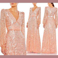 NWT $598 Mac Duggal [ 6 ] V Neck Empire Waist Puff Shoulder Sequin Gown Q600