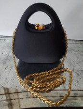 Vintage Rodo Black Satin Sculptural Gold Chain Link Evening Crossbody Handbag