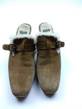 STUART WEITZMAN Mules Tan Suede Beige Sherpa Lined Clogs Wood Heels 6.5