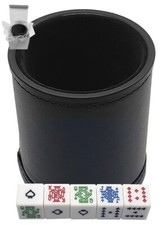 White Poker Dice w/Brighter Colors  PU Leather Dice Cup Black Felt Lined Boxed