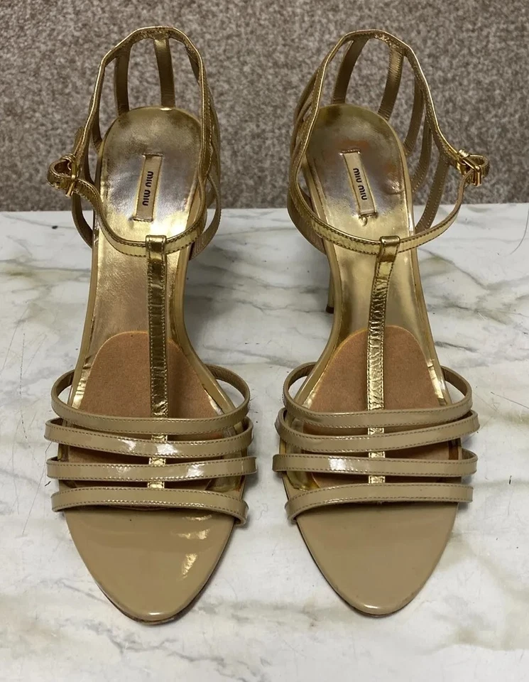 Miu Miu Womens Gold Glamour Cammello T Strap Cage Heel Sandals Size 40 US 10 - Image 3 of 4