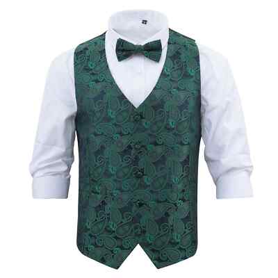 Grün & Marineblau gewebt Paisley Bohemian Weste & Fliege Set von DQT