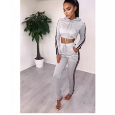 grey loungewear Coord set S/M Crop Jumper  Jogging Bottoms Stripe Tracksuit