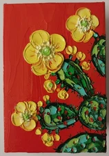 Flowering Cactus Prickly Pear Art Canvas 4x6 inch Impasto oil painting original