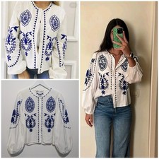 Zara Cotton Blue White Kimono Shirt Jacket  Size XS