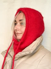 US Stock Red Knit Alpaca Hood,  Fluffy hooded cowl, Women mohair wool Balaclava