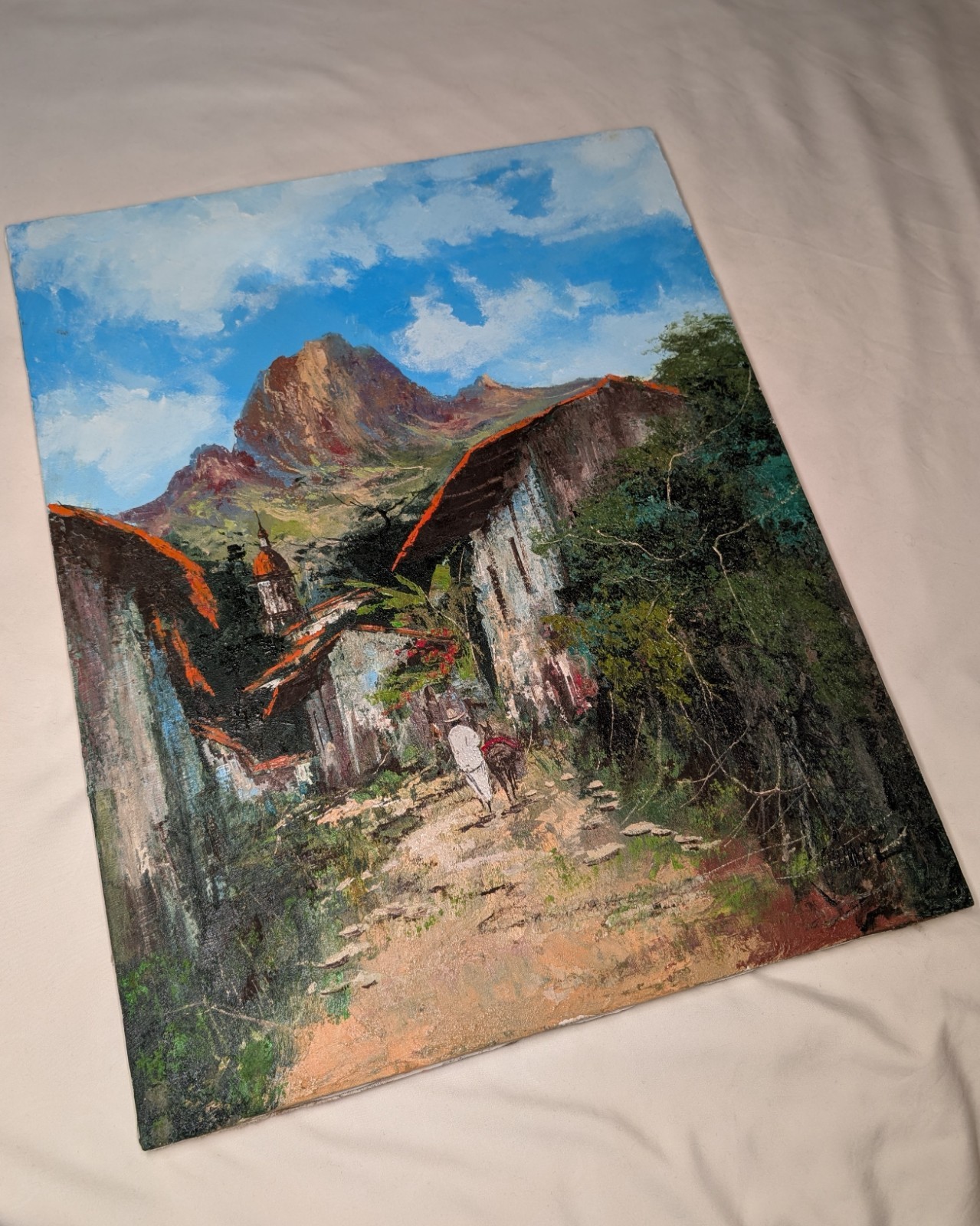 Vintage Mexican Impressionist Painting by Gómez, Colorful Village with Mountain