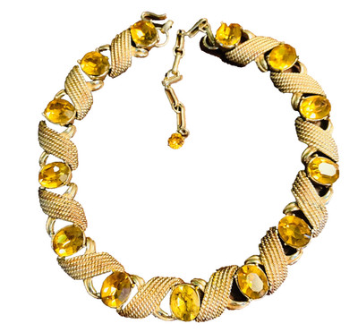 Vintage Corocraft Necklace Topaz Glass Gold Tone Mid Century Adjustable