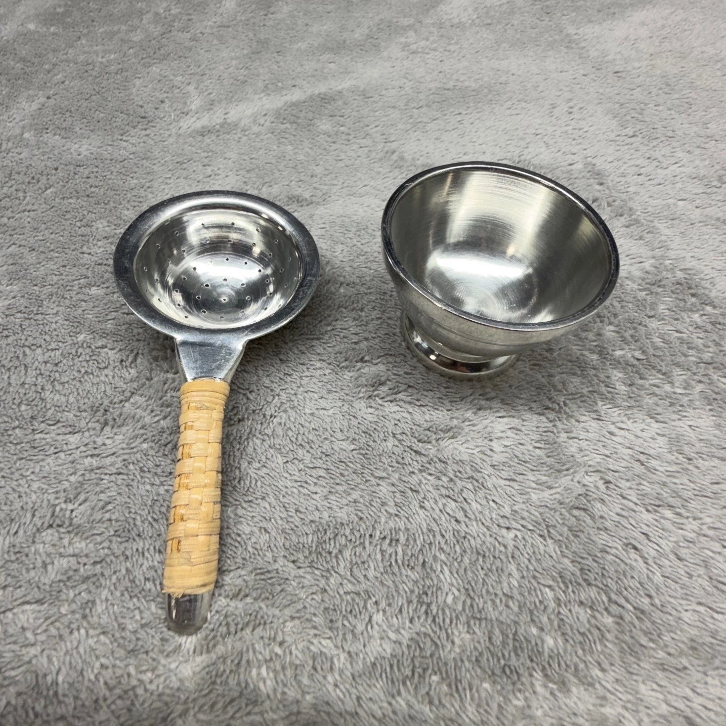 Vintage Metal Tea Strainer Basket with Rattan Handle and Metal Base Dish