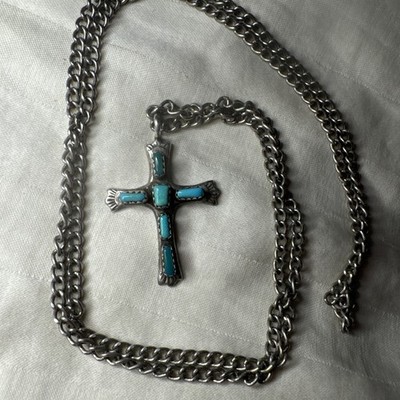 Zuni Cross Pendant Native American Sterling Silver Vintage G & L Leekity 26 Inch