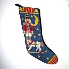 Vintage Needlepoint Christmas Stocking Nutcracker Moon and Rocking Horse 19"