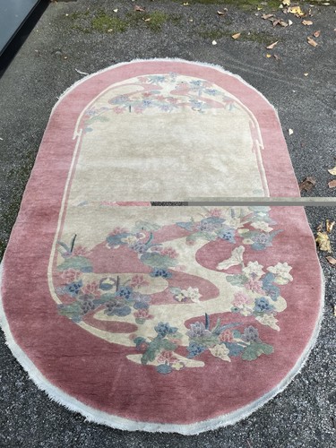 Circa 1930's ANTIQUE ART DECO CHINESE NICHOLS RUG 4.5x7 RARE OVAL PINK BORDER