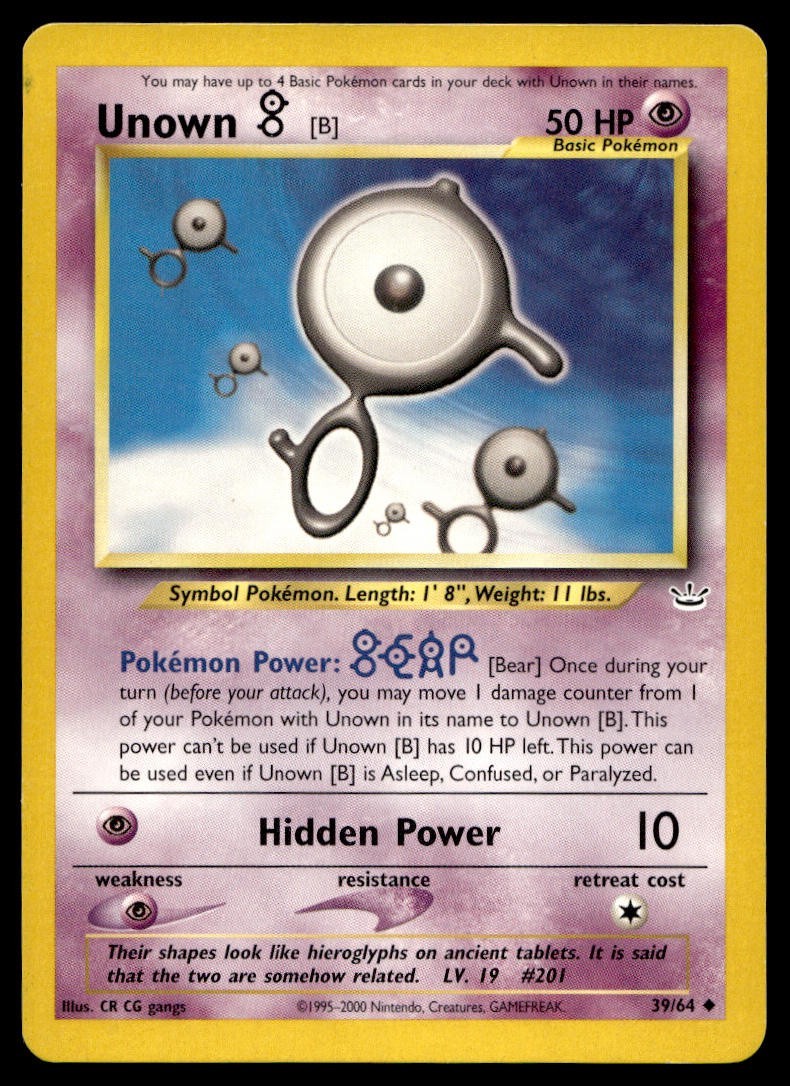 Unown B 39/64 Pokemon Card Neo Revelation Uncommon 50 HP Lightly Played G1