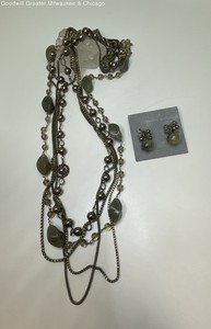 Gold Tone Faux Stone Multi Strand Beaded Necklace & Dangle Earrings 108.6g