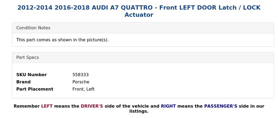 AUDI A7 QUATTRO 2012-2014 2016-2018 - Pestillo de puerta delantera izquierda / Actuador de bloqueo Foto 4 de 4