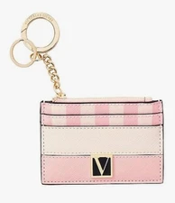 Victoria's Secret The Victoria Card Case Key Chain, Pink Iconic Stripe. NEW