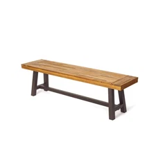 Weather-Resistant Outdoor Dining Benches, Sandblasted Brown Acacia Wood and
