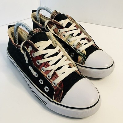 Size 10 Twisted Kix Double Tongue Black White / Pink Plaid Canvas Sneaker Shoes