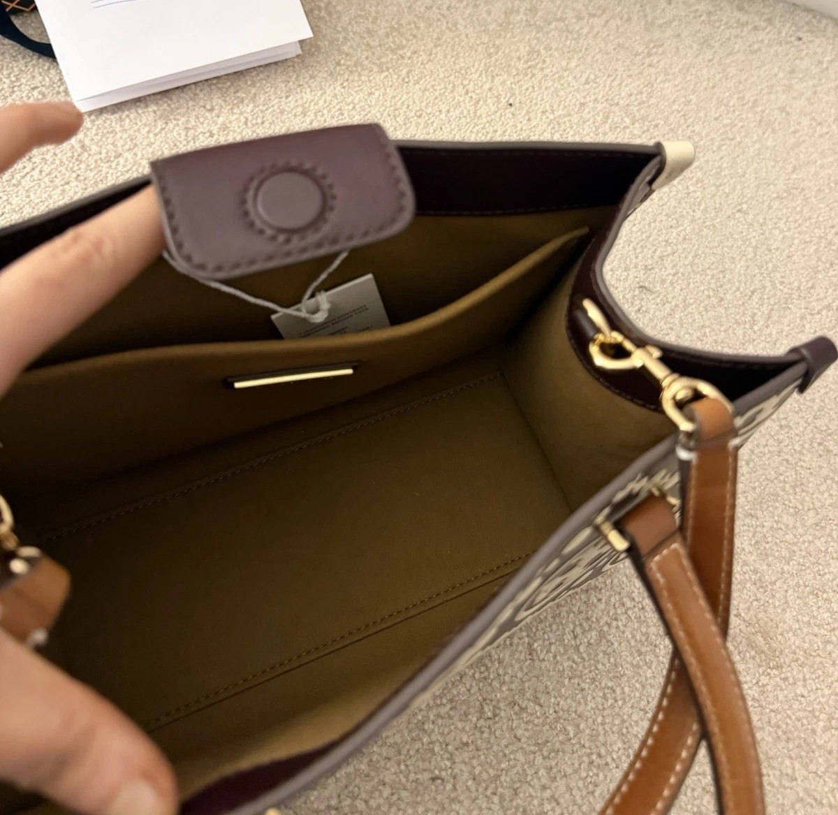 NWT Tory Burch T-Monogram Contrast Embossed Square Tote Marron/New Cream Rare 😍 image 5