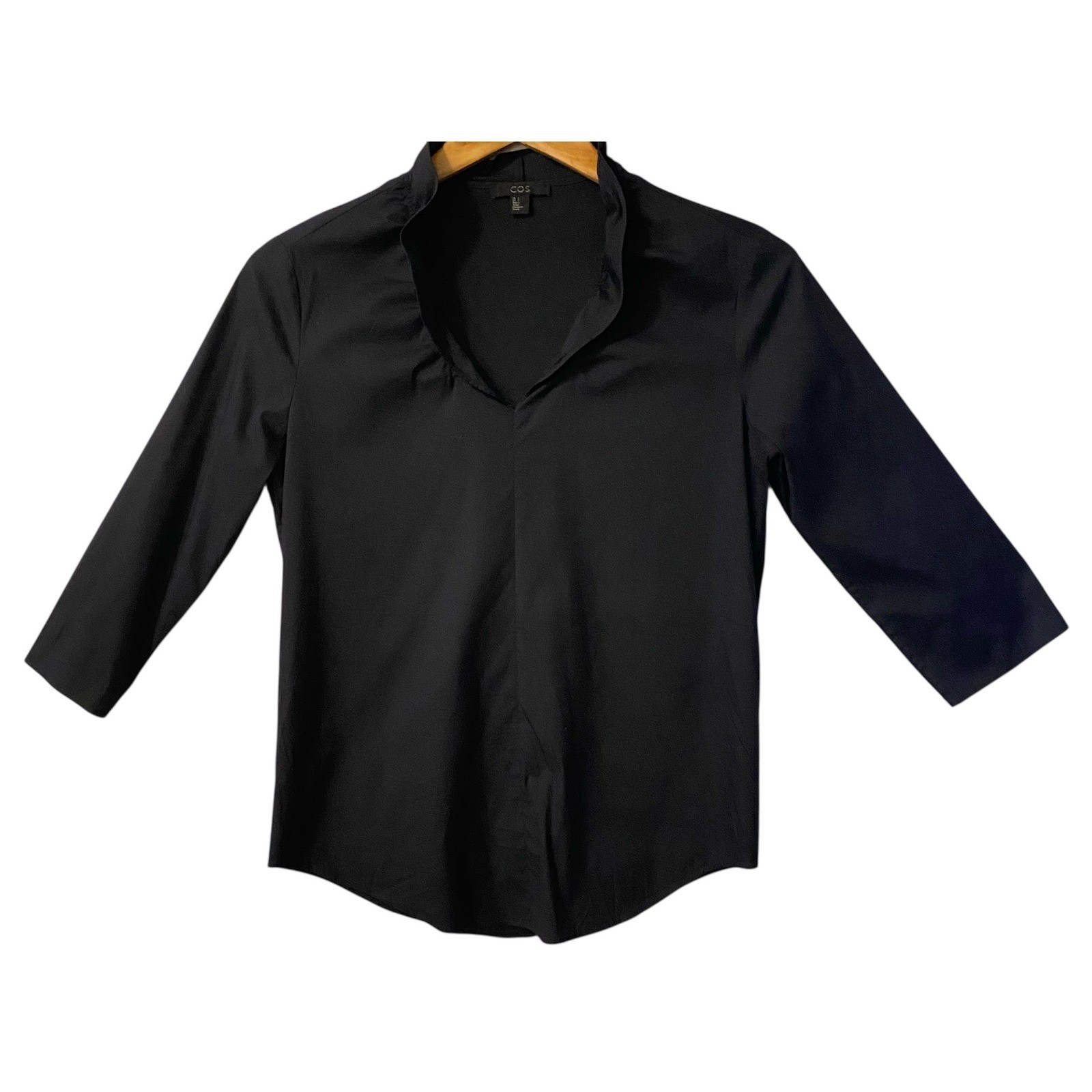 COS Black Stand Up Collar V Neck 3/4 Sleeve Blouse Shirt Women Size 2