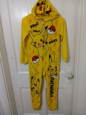 Pok mon Pikachu Yellow Hooded Fleece Zip One-Piece Sleeper Pajamas Unisex M