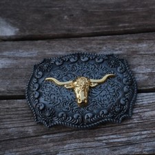 Long Horn Bull Western Belt Buckle - Pewter Silver Color w/ Gold Accents